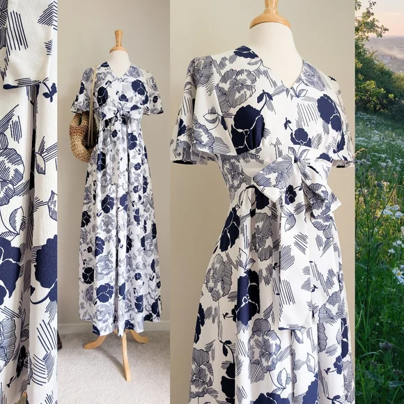 70s White & Blue Floral Print Flutter Sleeve Feminine 1970s Empire Maxi Dress - Picture 1 of 16